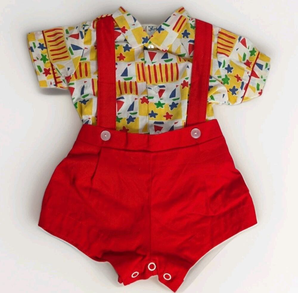 90s VTG Color Kids JPI Red Bib Overall Shorts Set Memphis Group Print Sz 12 Mos